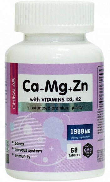 ChikaLab Ca+Mg+Zn (кальций + магний + цинк)+vit D3, K2 60 таб.